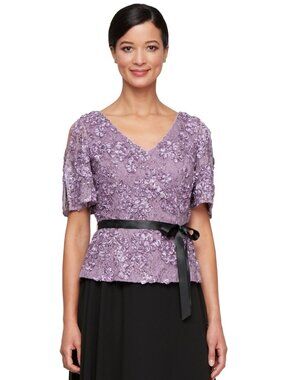 Alex Evenings Women's Embroidered Sequined Belted Top Size L